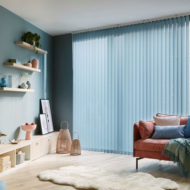 Modern scandi design living room with blue vertical blinds