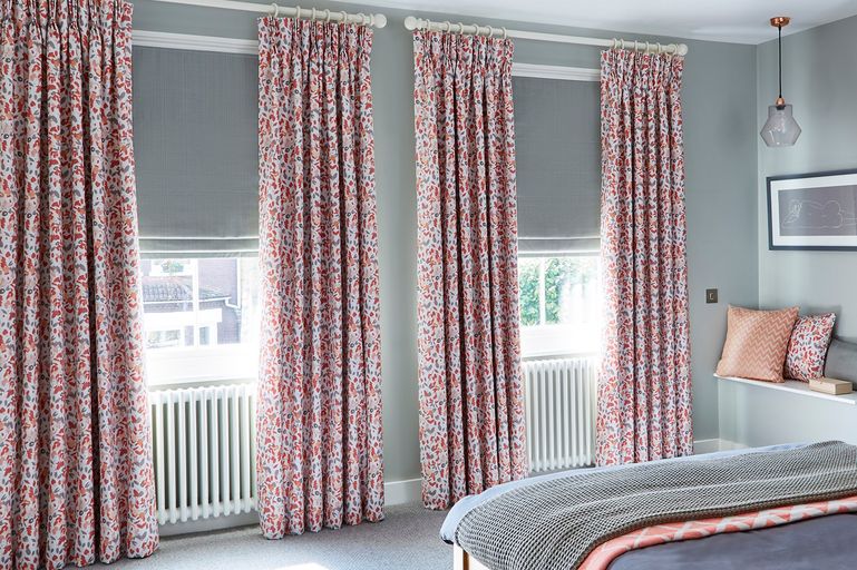 Brown Unique Traditonal Bamboo Kitchen Window Curtains blossom persimmon curtains with clarence platinum roman blinds in bedroom