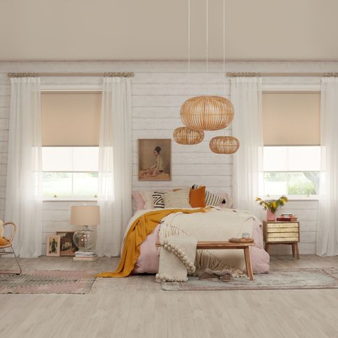 Modern Rustic Bedroom with Purity White Voile curtains layered over Acacia Taupe Roller blinds