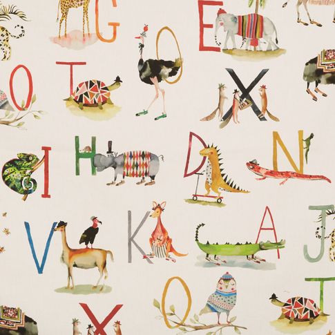 A white swatch with a variety of animals  next to the respective letter that their name begins with