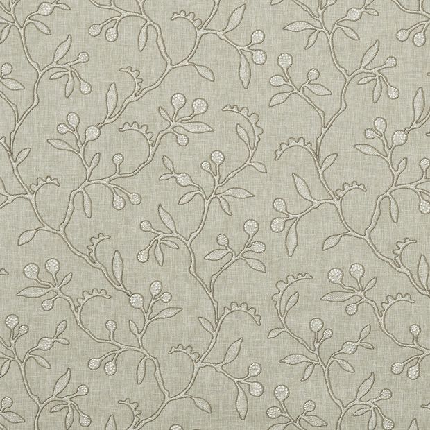 Fabric swatch in a neutral colour while also featuring a repeating stem and leaf pattern