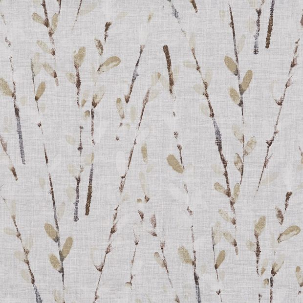 White coloured fabric with a stem and leaf pattern in brown and beige