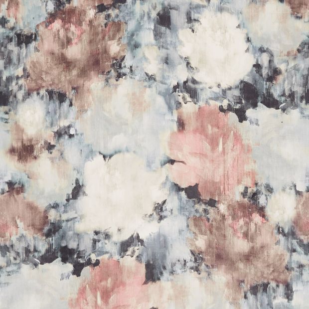Aurora moonlight fabric swatch is decorated in a watercolour flower style in pink, black and white