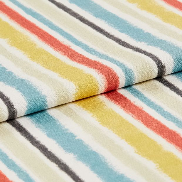 Fabric that is decorated with multicoloured vertical stripes in a repeating pattern