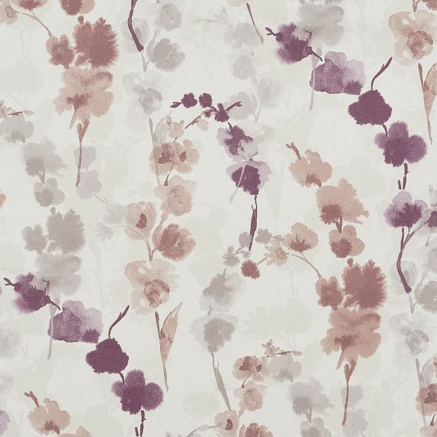 Claudia lilac fog swatch has a repeating floral pattern in purple, pink and grey