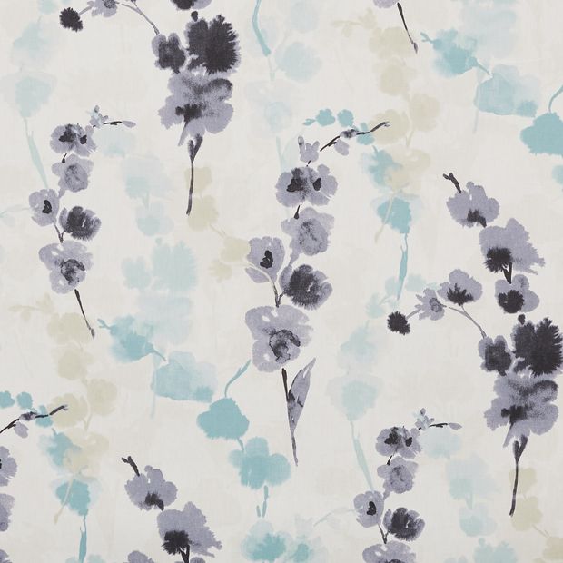 Claudia mist swatch has a floral pattern in black, grey, blue and beige on white fabric