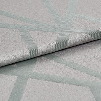 Silver coloured base fabric that is patterned with a repeating light blue geometric design 