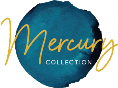 mercury written in a golden handwritten form against a blue circle