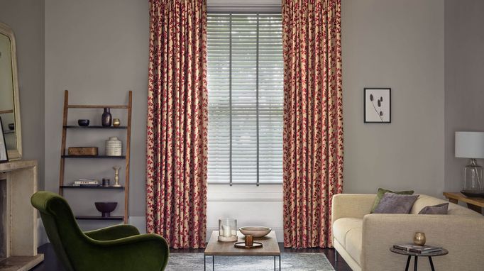 Aurella claret curtains lunaire faux wood blinds in living room