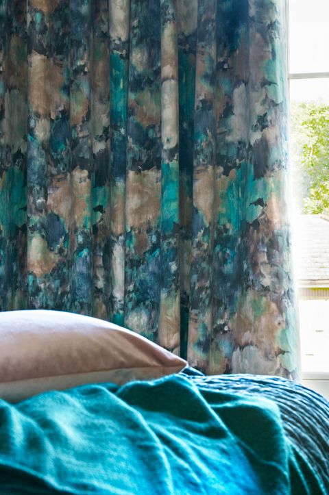 Close up of Aurora Lagoon curtains in bedroom
