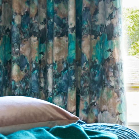 Close up of Aurora Lagoon curtains in bedroom