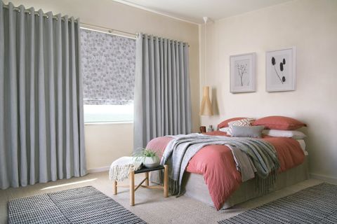 Bailey cloudy  curtains and pyrus cream romans in bedroom