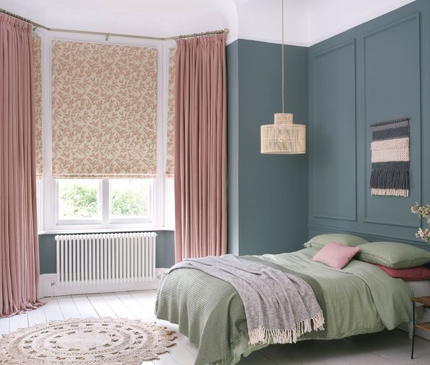 Bailey taffy curtains and delizia blush Romans in bedroom