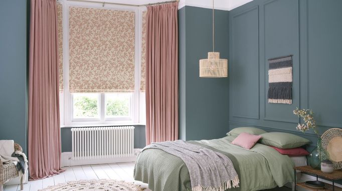 Bailey taffy curtains and delizia blush Romans in bedroom