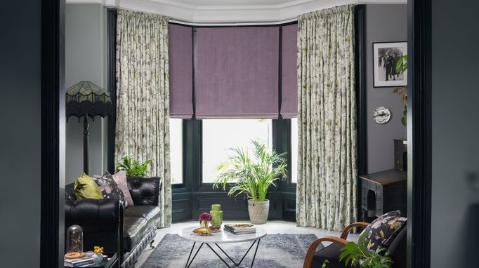 Forenza Sterling curtains Clarence Mauve Romans in living room