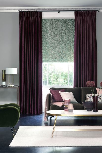 Lyon Merlot curtains and Jagger Everglade romans in living room
