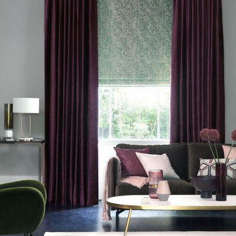Lyon Merlot curtains and Jagger Everglade romans in living room