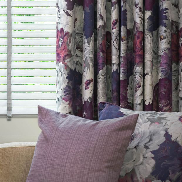 Monroe Damson curtains and venetian lumiere in living room