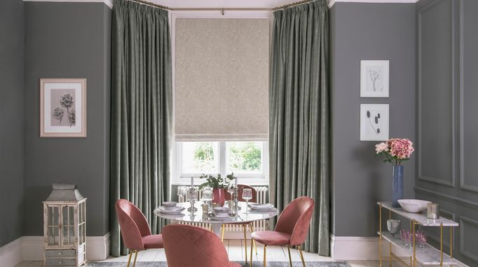 Muse Pearl curtains and Daze Silver romans in the dining room