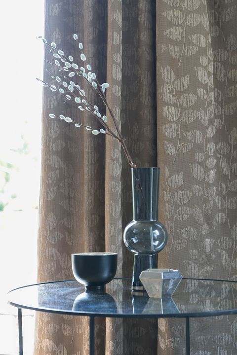 Close up of Roche Taupe curtains in living room