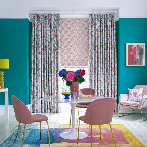 Saskia Fuchsia curtains and Dimension Rose Quartz romans in dining room