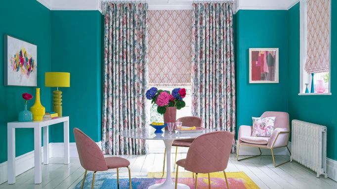 Saskia Fuchsia curtains and Dimension Rose Quartz romans in dining room