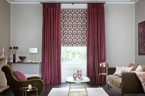 Surface Port curtains and Metro Maroon romans in the living room  