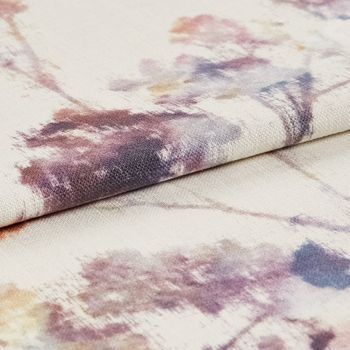 Watercolour style flowers in shades of purple on white base coloured fabric