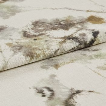 White base colour fabric layered with dark and neutral water colours in a floral design 