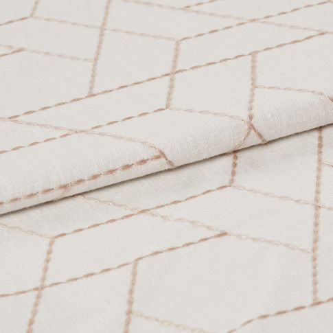 white material that is designed with a repeating geometric pattern that is outlined in brown