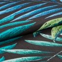 black coloured fabric with a repeating leaf pattern in green and blue colours