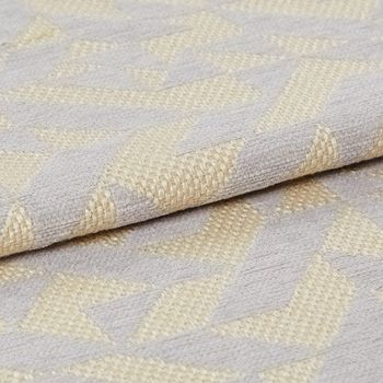 Grey coloured fabric with a repeating geometric pattern in yellow
