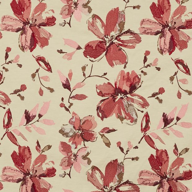 Forenza Berry swatch is an embroided floral pattern in shades of berry red, on a cream backdrop