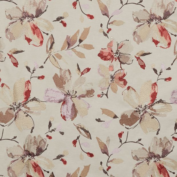 Forenza Lilac Fog is a cream background with an embroided floral design in colours of reds, browns, lilacs and pink