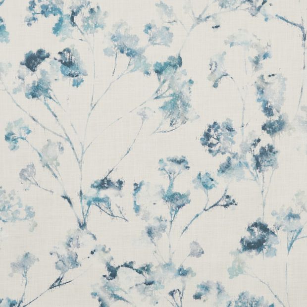 Haze Inkwash swatch has leaves, buds and branches in shades of inky blue and aqua, across a frost white background