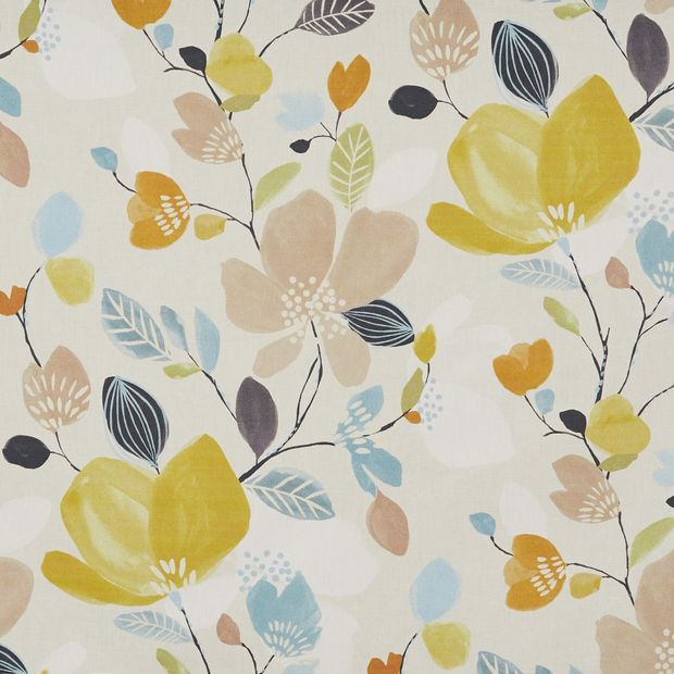 Iver Mustard swatch is a combination of yellow and dusky pink petals on indigo blue stems with pale blue and navy stems