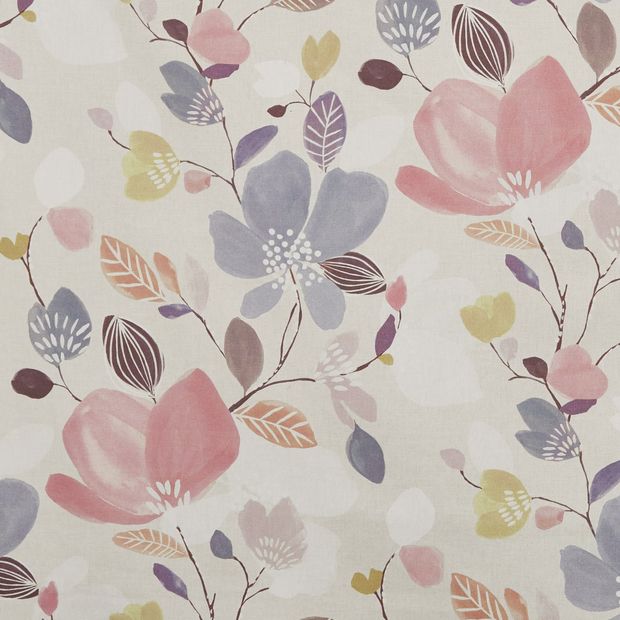 Iver Pastel is a watercolour floral print in barely there shades of pink and lilac with mauve and violet stems on a cotton white backdrop