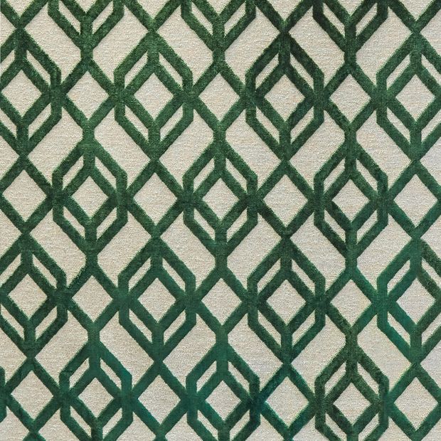 Loxley Emerald swatch is a jewel-like emerald shade geometric design on a linen toned background