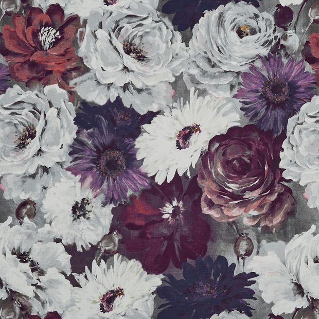 Monroe Damson swatch is a huge floral print in colours of purples, whites, blues and greys