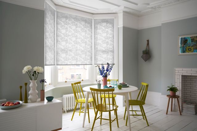 Cecille White roller blind in a light grey kitchen