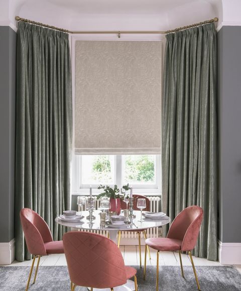 muse pearl floor length curtains with daze dilver roman blind in living room