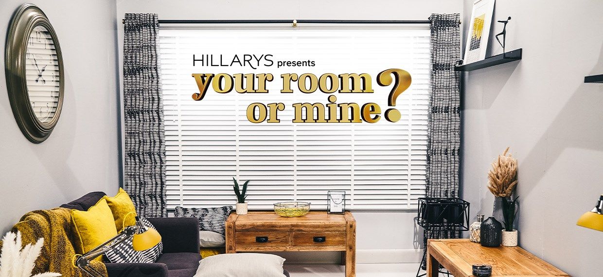 hillarys presents your room or mine, logo and image for hillarys tv show in living rooms setting