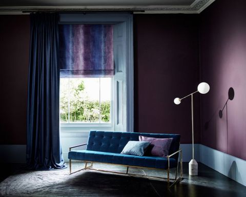 Mercury collection curtains in Titan Nightgaze with Abyss Aura roman blinds in living room setting