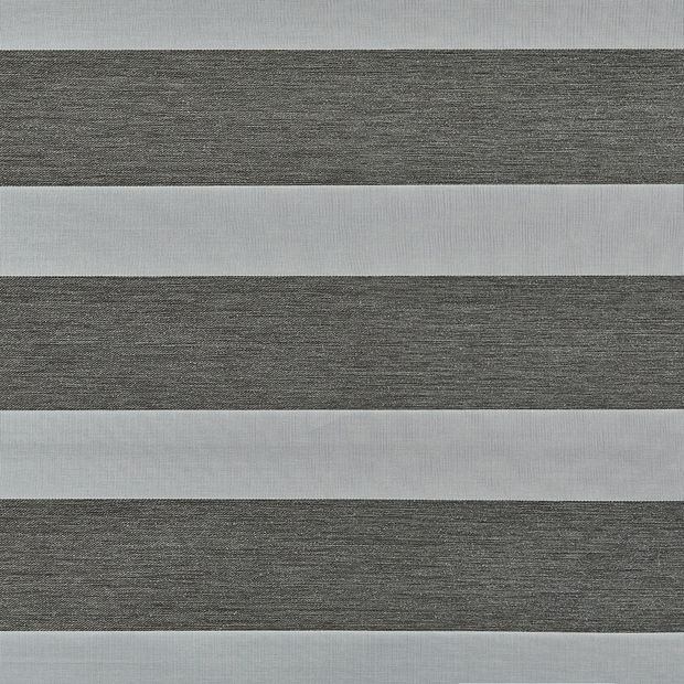 Nightfall Pewter Grey swatch is a metallic looking, dark grey fabric, alternating between sheer strips