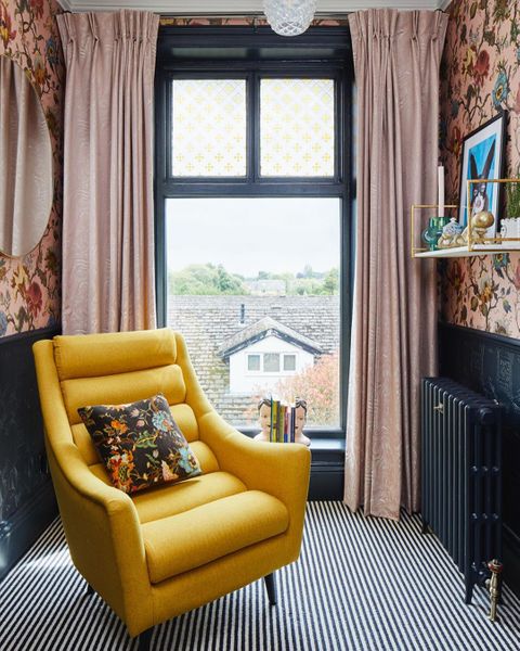  coral and white marble effect fabric curtains hanging on victorian, single glazed window