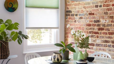 Mint green and sheer white Transition Pleated blinds dressed on the window in dining room.