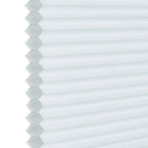 Side view showing honeycomb in white  swatch for pleated blinds