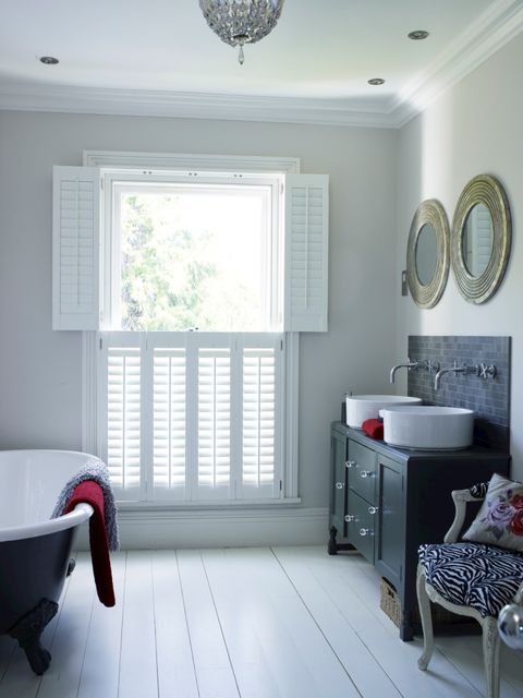 full height white bathroom shutters zoomed out