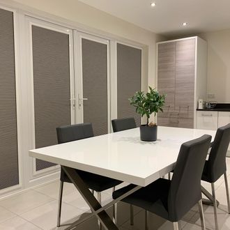 Thermashade Blackout White Pleated blinds in modern dining room