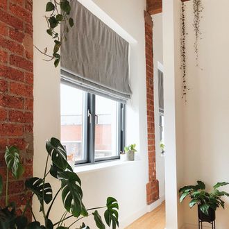Grey Roman blinds in white room with exposed brick and beams and plants